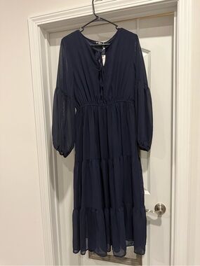 Navy Long Sleeve Tiered Midi Dress
